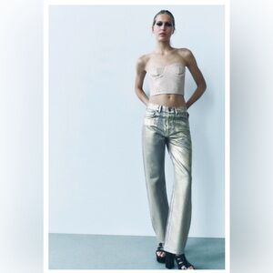 Zara | ZW Collection Gold Foil Mid Rise Straight Jeans | NWT | Size 10